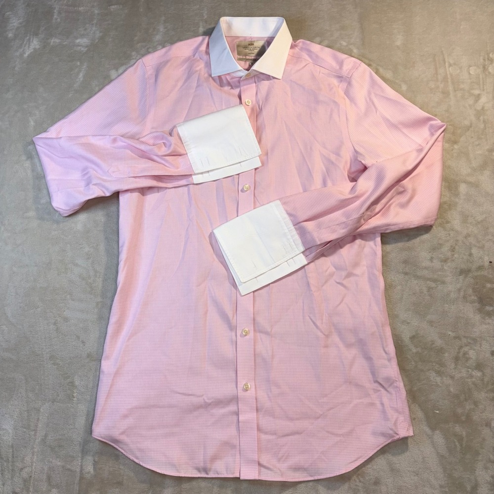 Hawes & Curtis Mens Pink Micro Houndstooth French Cuff Dress Shirt 15.5 35 Slim